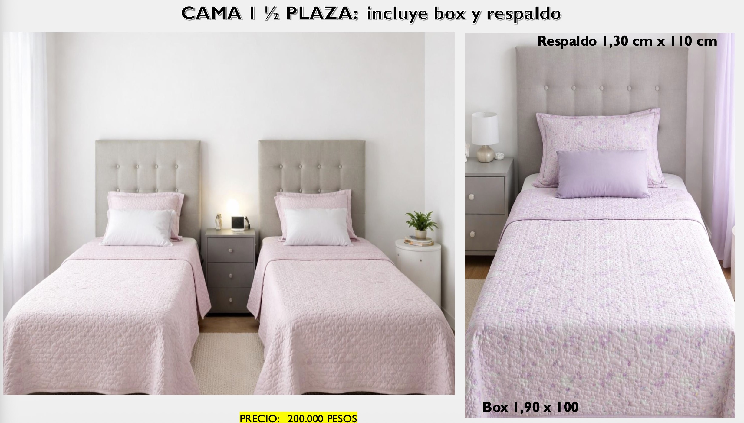 Cama 1 ½ Plaza — Box y Respaldo