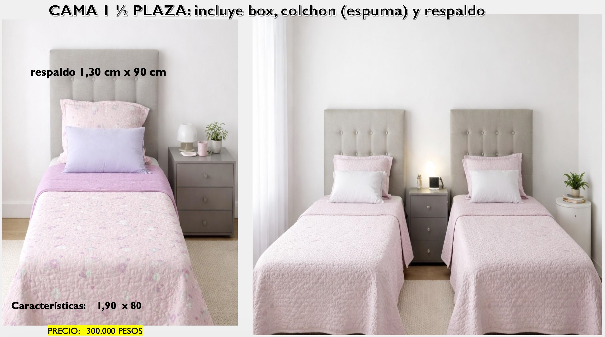 Cama 1 ½ Plaza — Box, Colchón y Respaldo