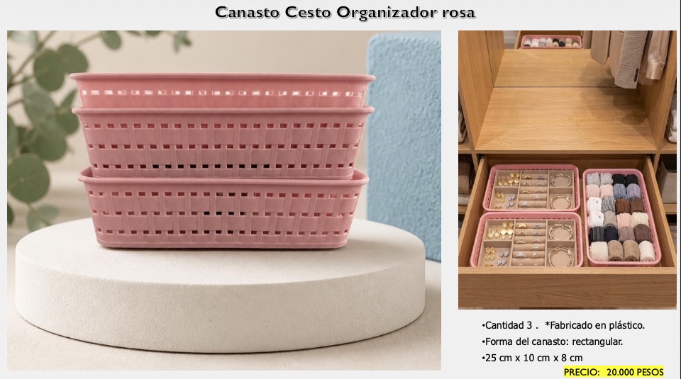 Canasto Cesto Organizador Rosa — x3