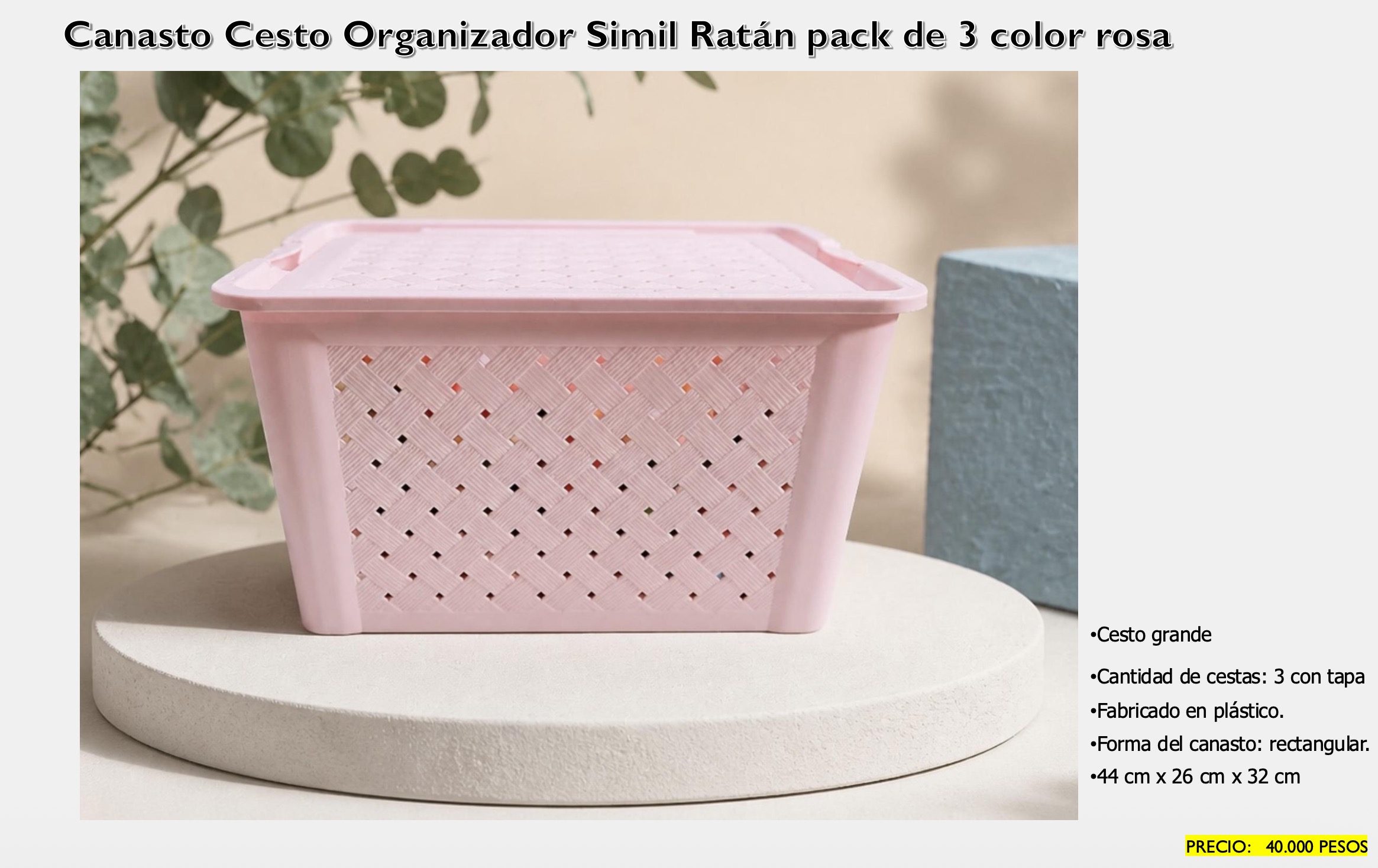 Canasto Simil Ratán Rosa Grande