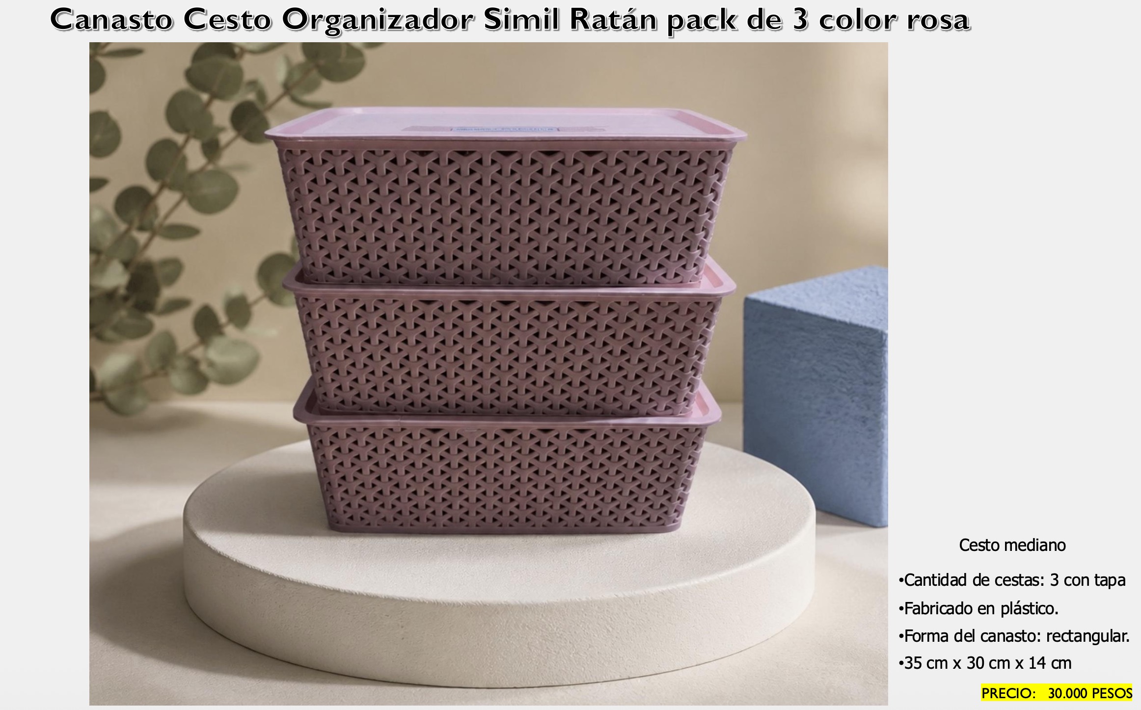 Canasto Simil Ratán Rosa Mediano