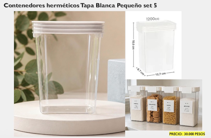 Contenedores Herméticos Tapa Blanca Pequeños — set x5