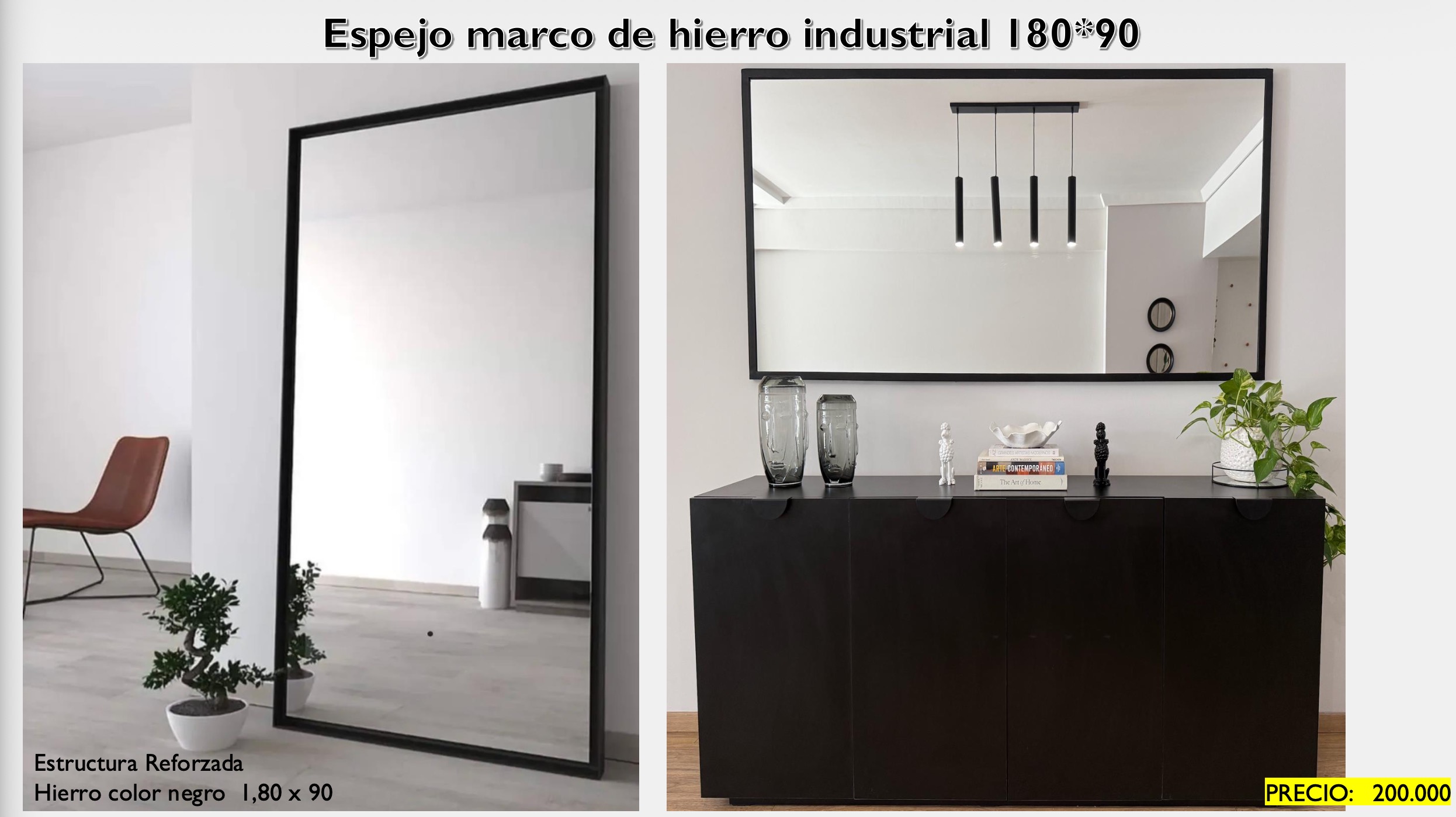 Espejo Marco de Hierro Industrial 180x90