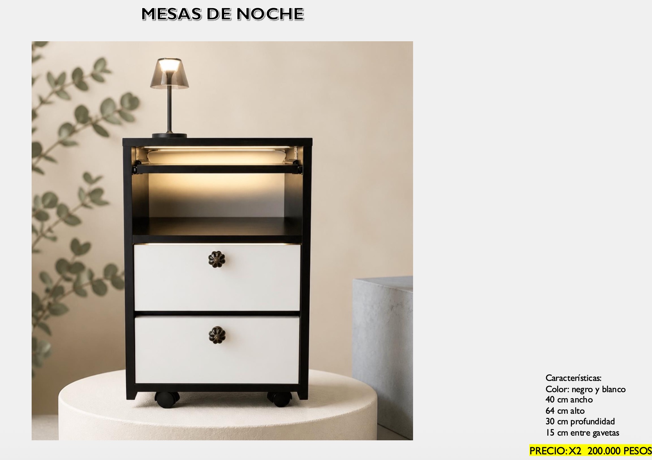 Mesa de Noche Negro/Blanco con ruedas